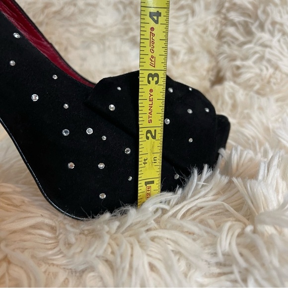 TARA SUBKOFF BEBE Swarovski Crystal Bow Platform Peep opentoe heel black suede 8 - Picture 12 of 12
